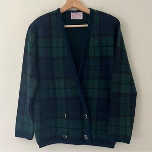 Pendleton Vintage Sweater Wool Plaid Cardigan Navy Green Size Small Academia